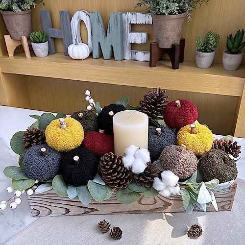 Winlyn 12 Pcs Assorted Small Faux Sherpa Pumpkins Decorative Burgundy Yellow Olive Gray Taupe Black Fabric Foam Pumpkins for Farmhouse Fall Thanksgiving Halloween Table Centerpiece Decor
