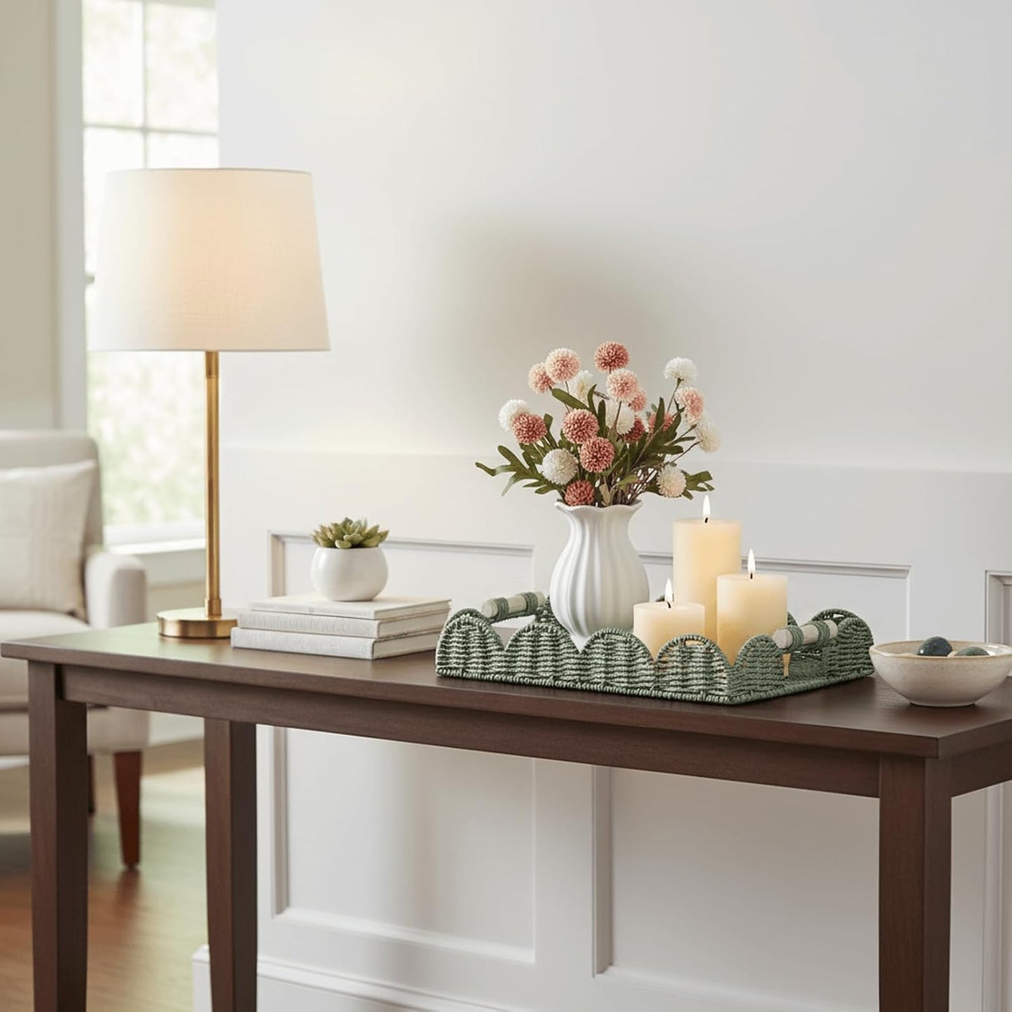 Rectangular Scalloped Decorative Centerpiece Tray / Green / 15.7 x 11.4 x 2.8