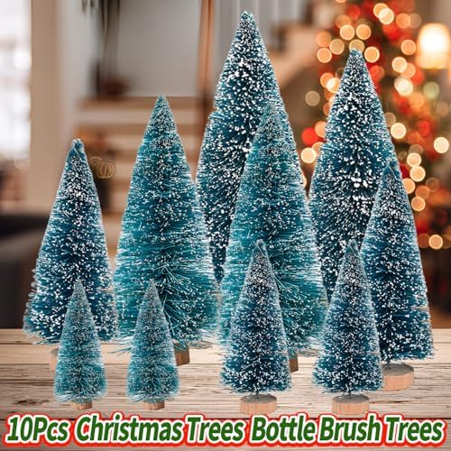Yahpetes Christmas Trees 10 Pcs Bottle Brush Christmas Trees 5 Size Artificial Christmas Sisal Snow Frost Trees Pine Trees with Wood Base for Tabletop Christmas Party Home Indoor Decor (Blue Green)
