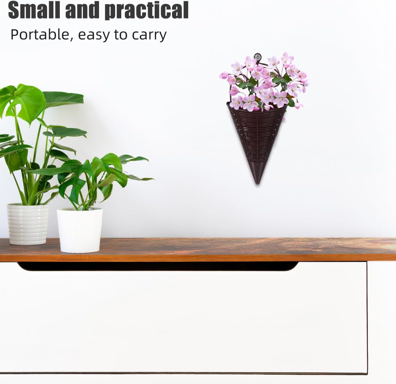 Rattan Decorative Hanging Wall Basket Set Lightweight Cone Shaped Woven Planters for Balcony Garden
