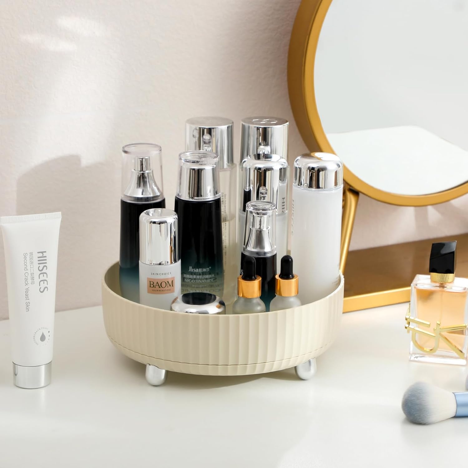 Makeup Perfume Organizer Tray 360 Degree Rotating Lazy Susan Skincare Lotion / Beige / Set of 9
