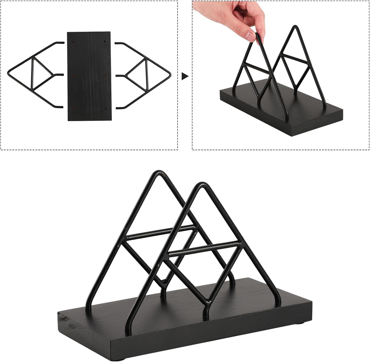 Metal Wire Triangle Shape & Wooden Paper Towel Holder / Black