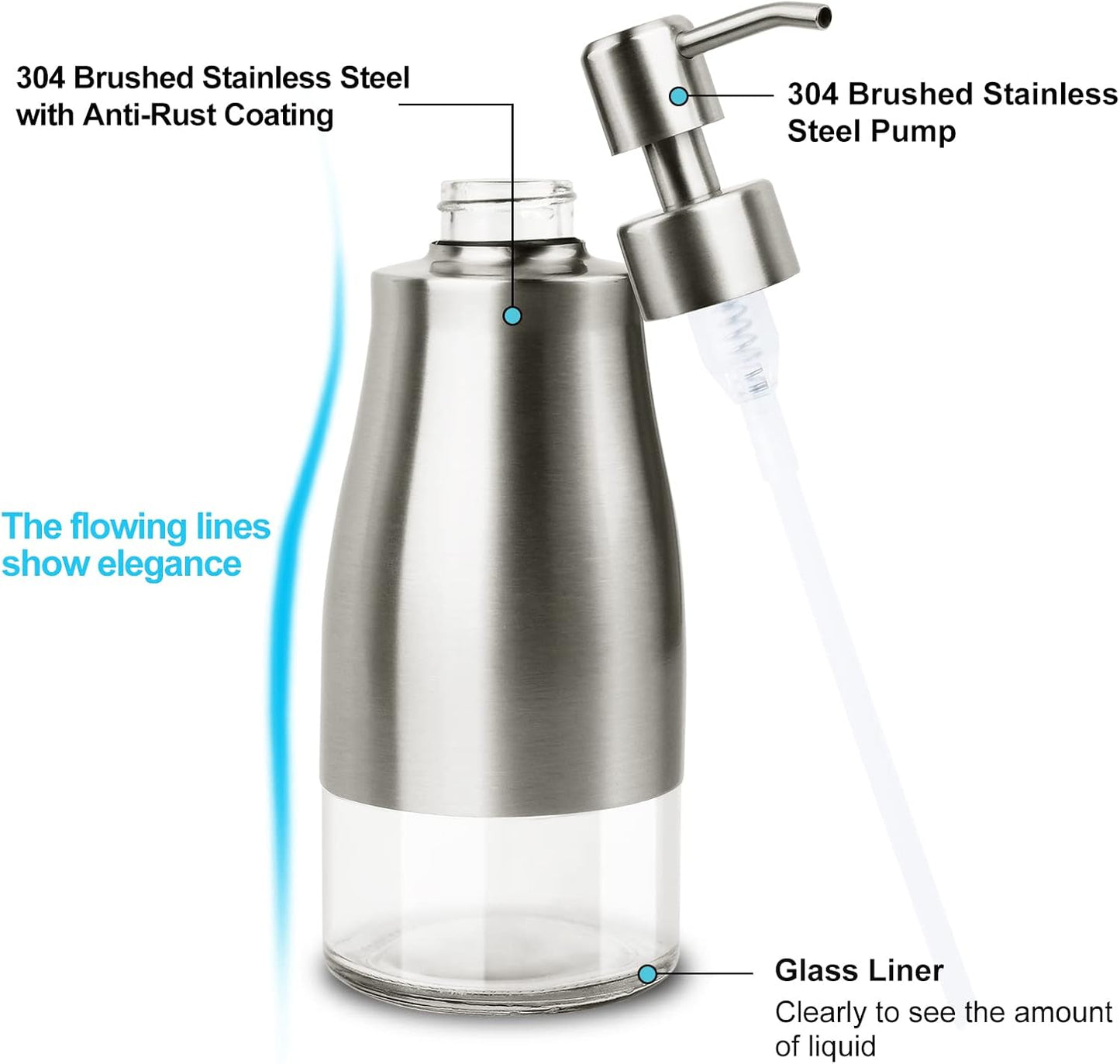 AUMIO 2-Pack Hand Soap Dispenser Set, Stainless Steel Case with Glass Liner | Brushed Nickel Finish | Refillable Design