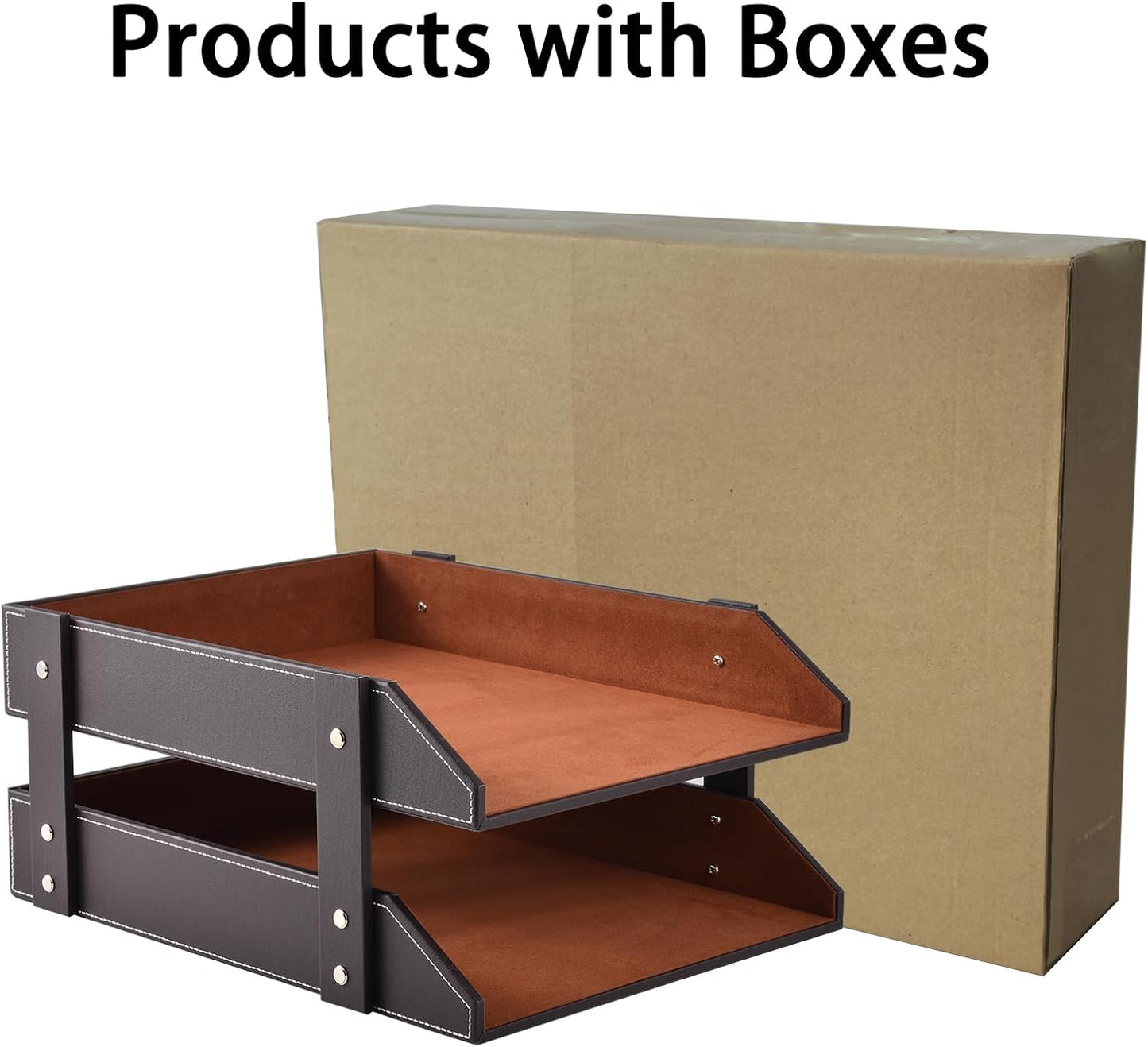Leather Desk Organizer,2-Tier Stackable Letter Tray Holder,Office Supplies Desktop Storage Box for