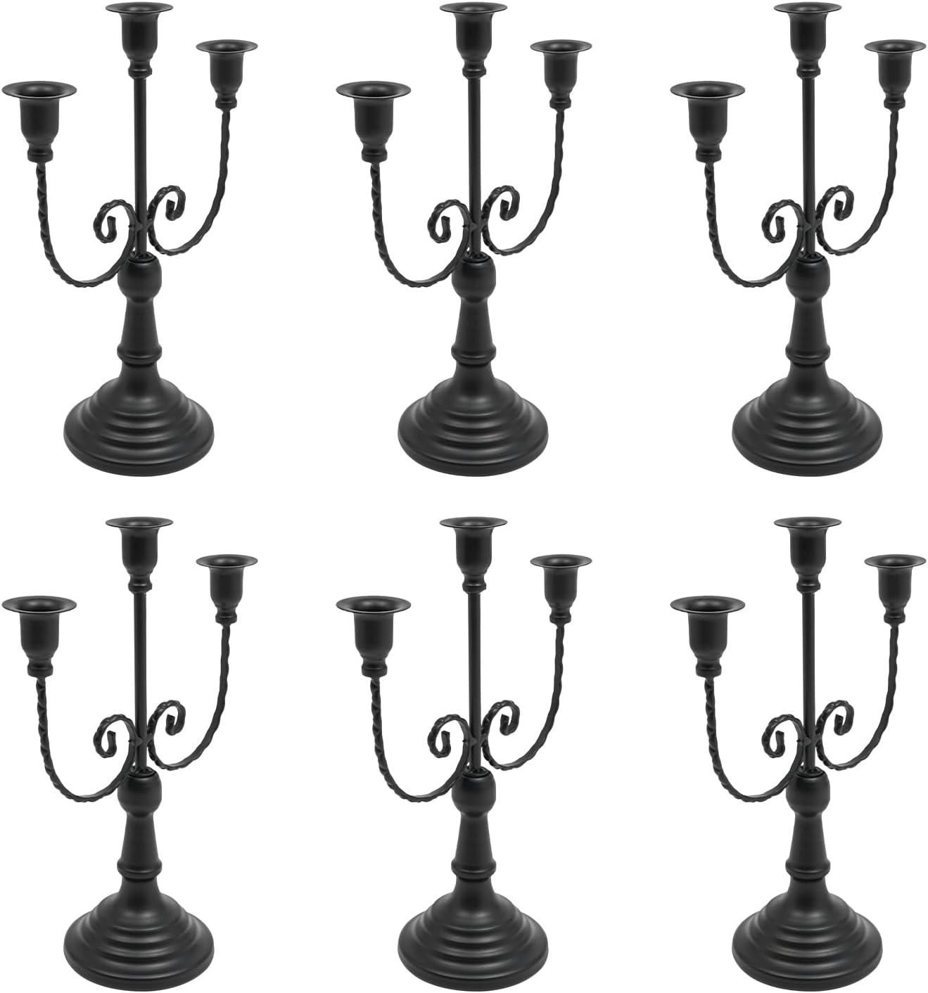 3 Arm Metal Candelabra Candle Holders Set of 6, Elegant Retro Taper Candle Stand for Wedding, Party, Dining Table