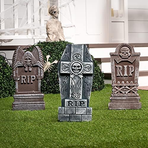JOYIN 17” Halloween Foam RIP Graveyard Tombstones (5 Pack), Halloween Tombstones Outdoor Decorations for Graves Decorations with 12 Metal Stakes for Cemetery Yard Lawn Party Decor