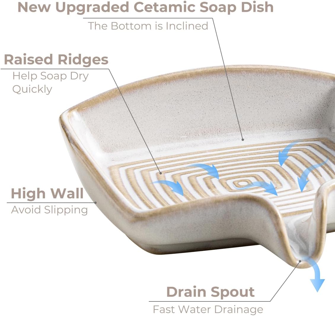 Waterfall Design Bar Soap Holder Self Draining Soap Saver for Shower / Beige White / Rectangular