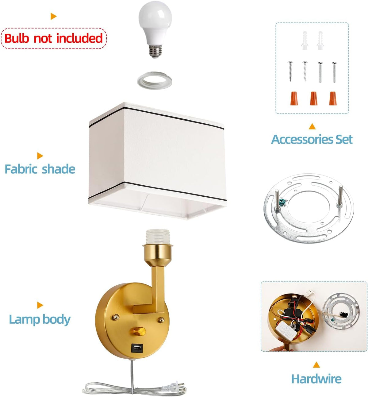 9.5" Wall Sconce with Plug-in Cord, USB Charging Port & Dimmer Switch, White Fabric Rectangular Shade Wall Mounted Lamp