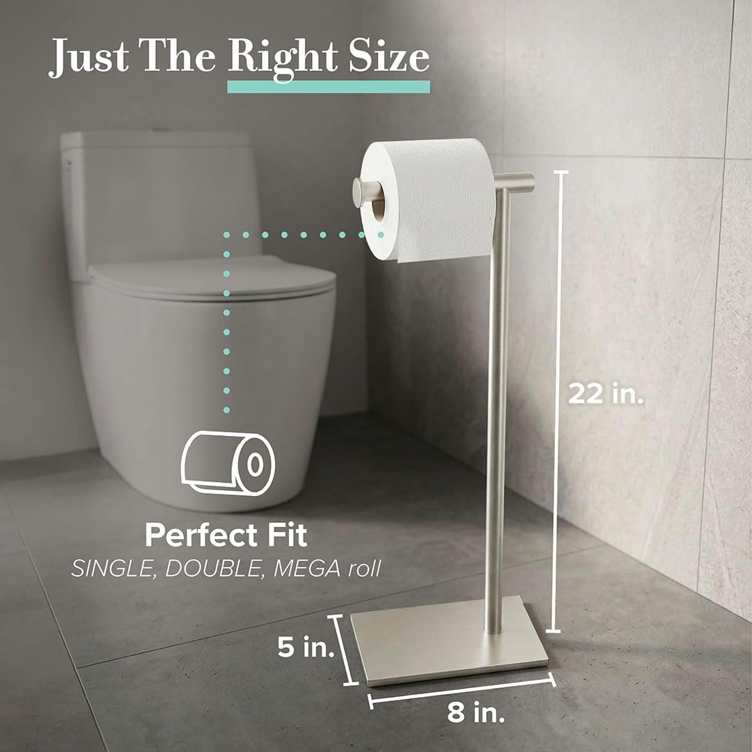Gatco 1431SN Bathroom Toilet Paper Holder Stand, Freestanding Tissue Roll Holder, Weighted Base, Satin Nickel, 22.25
