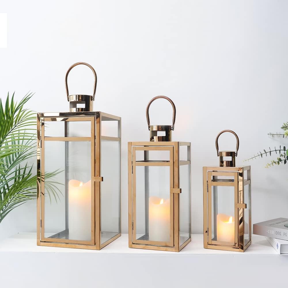 TRIROCKS Set of 3 Stainless Steel Candle Lantern 19/15/12'' High Metal Candle Holder with Tempered Glass Panels Perfect