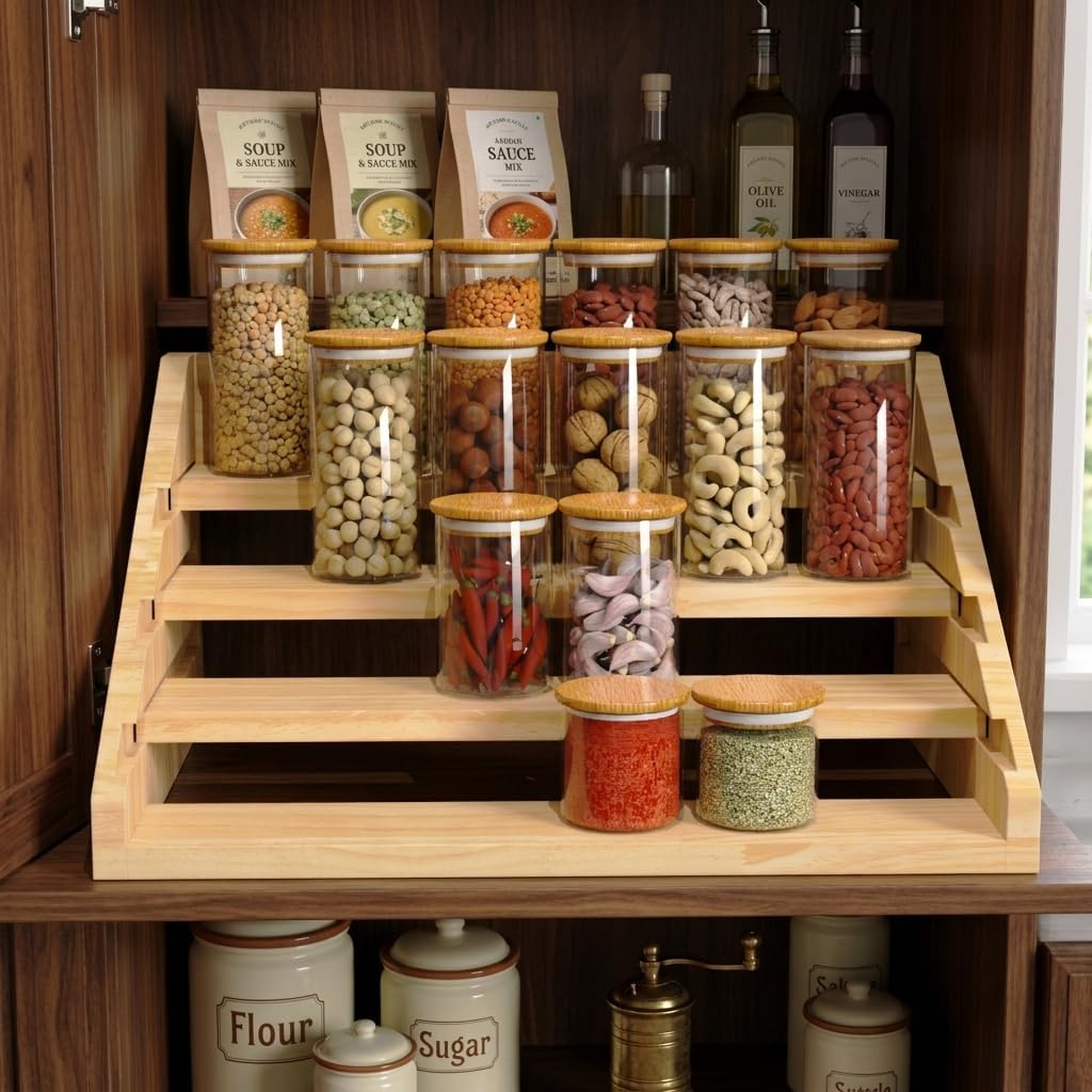 Solid Wood Spice Rack Organizer for Countertop & Cabinet, 4 Tier Adjustable Wooden Spice Shelf with Sliding Track