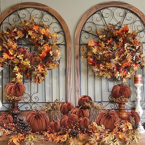 Woration 16pcs Thanksgiving Halloween Artificial Brown Velvet Pumpkins