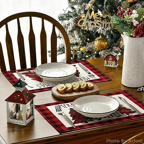 Artoid Mode Red and Black Buffalo Plaid Christmas Trees Placemats Set of 8, 12x18 Inch Winter Table Mats for Outdoor Home Party Kitchen Dining Decor