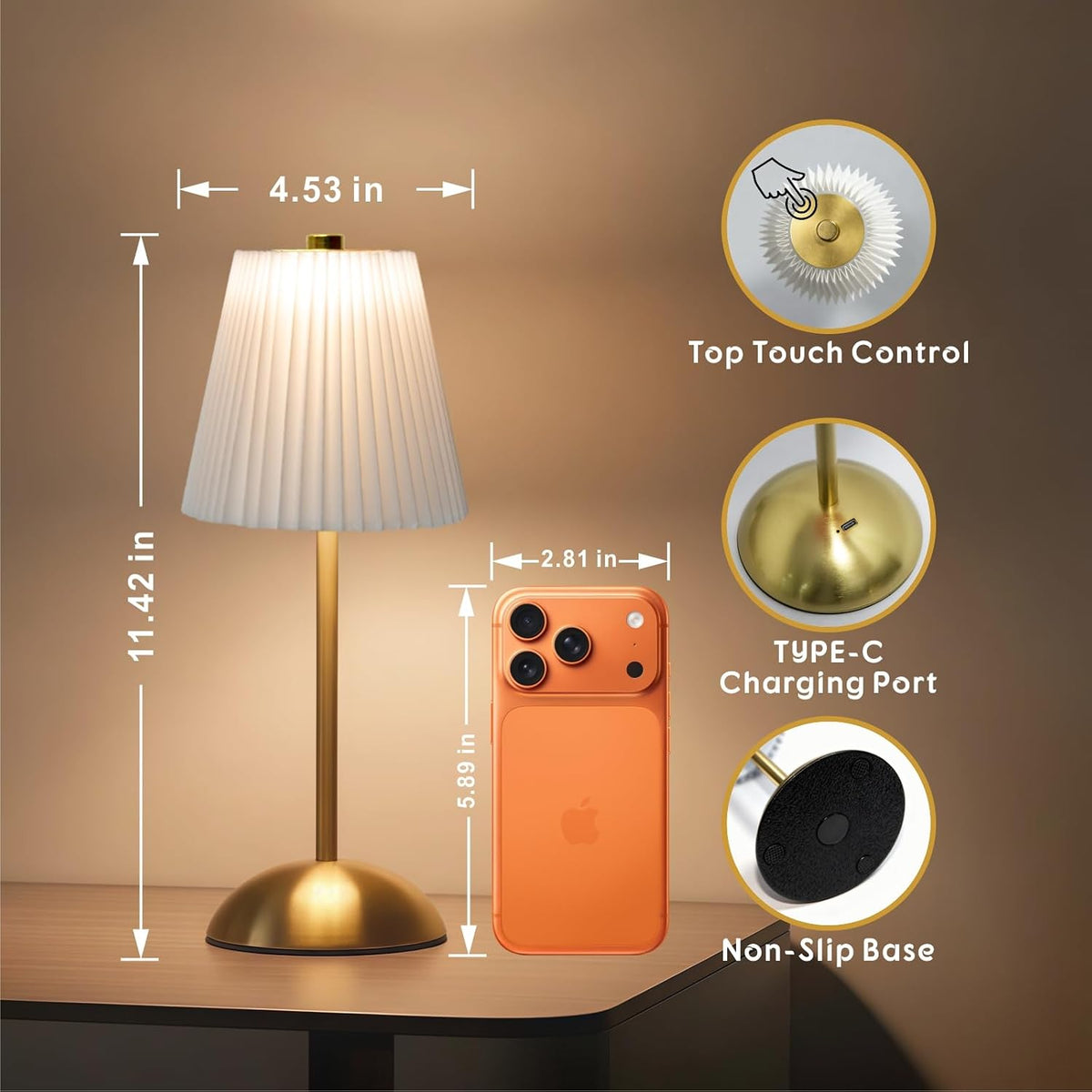 2-Pack Cordless Rechargeable Table Lamps, Battery Operated Lamp | LED Gold Touch Lamp Cordless, Mini Battery Powered
