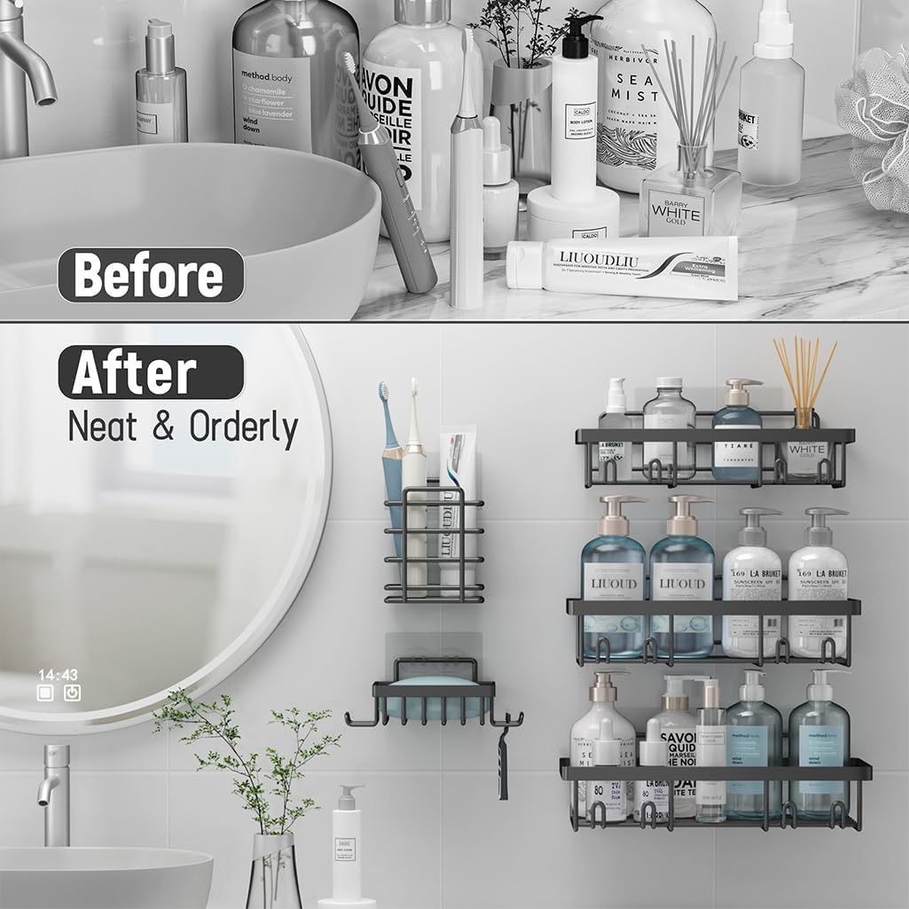 Self Adhesive Bathroom Wall Storage Basket Rustproof / Dark Grey / Set of 5
