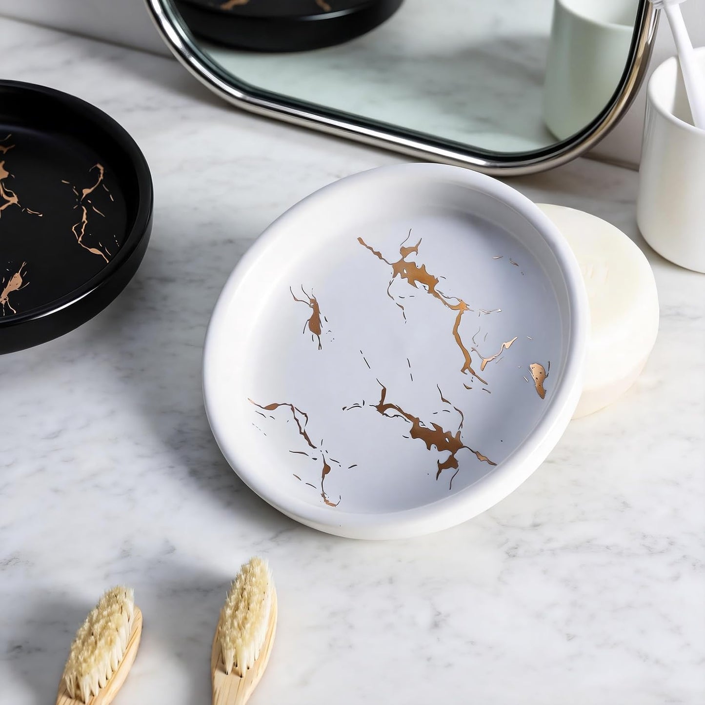 Marble Pattern Round Ceramic Soap Dish Bathroom Soap Tray / White / 4 Inch