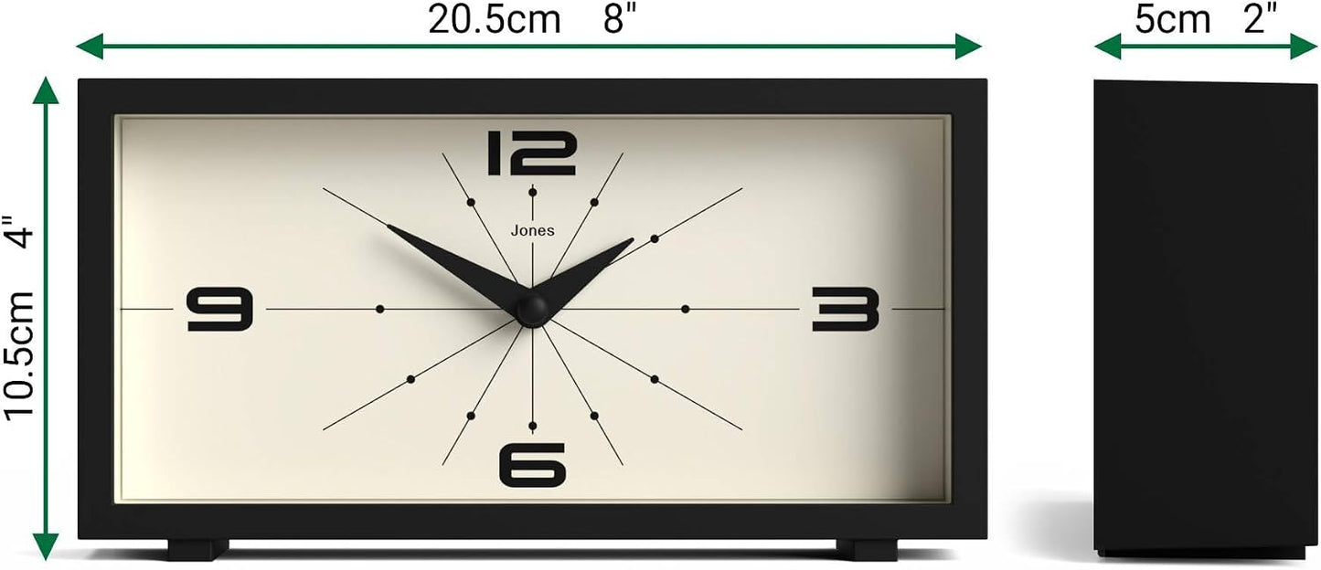JONES CLOCKS® Odeon Desk Clock | Modern Rectangular Design | Black | Stylish Retro Look for Shelf, Table, Mantel or
