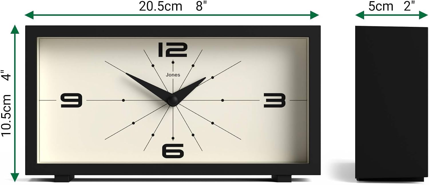 JONES CLOCKS® Odeon Desk Clock | Modern Rectangular Design | Black | Stylish Retro Look for Shelf, Table, Mantel or