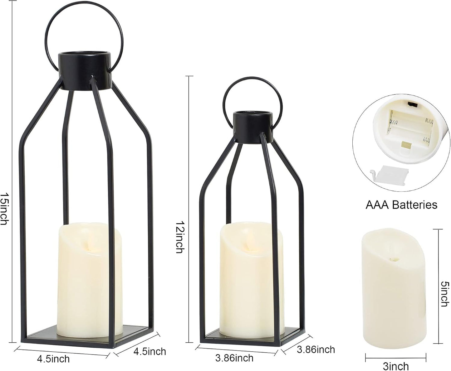 HPC Decor Modern Farmhouse Lanterrn Decor- Black Metal Candle for Summer Night- Lanterns w/Timer Flickering Candles for