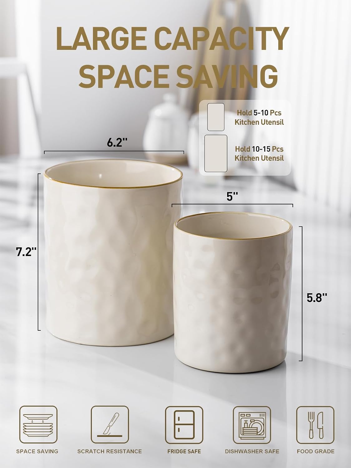 famiware Ceramic Utensil Holder, 7.2"+5.8", Set of 2, Vanilla White | Cooking Utensil Crocks, Organizer for Spatula &
