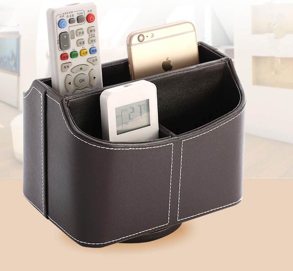 PU Leather Remote Control Holder 360 Degree Spinning Desk Organizer Storage Box for Remote / Brown