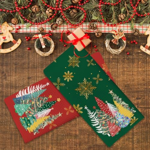 Christmas Tree Kitchen Towels,16x24 Inches Set of 2,Green & Red Tea Towels Dish Towels Hand Towels for Home Kitchen Farmhouse Bathroom Decor.(020)