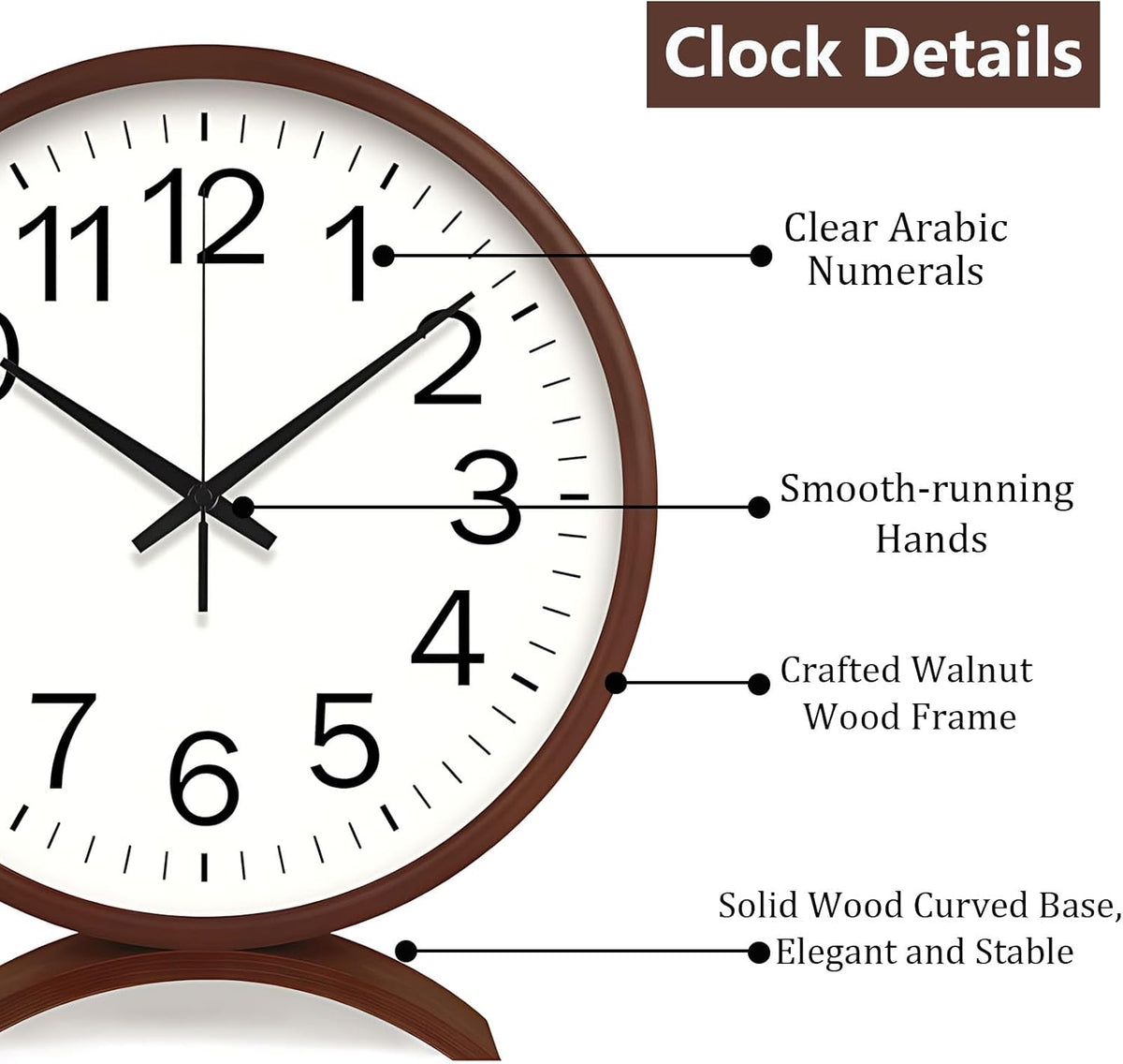 Maxspace Table Clock-8 Inch Silent Non-Ticking Wooden Timepiece Desk Clock, Battery Operated Decor Round Clock for