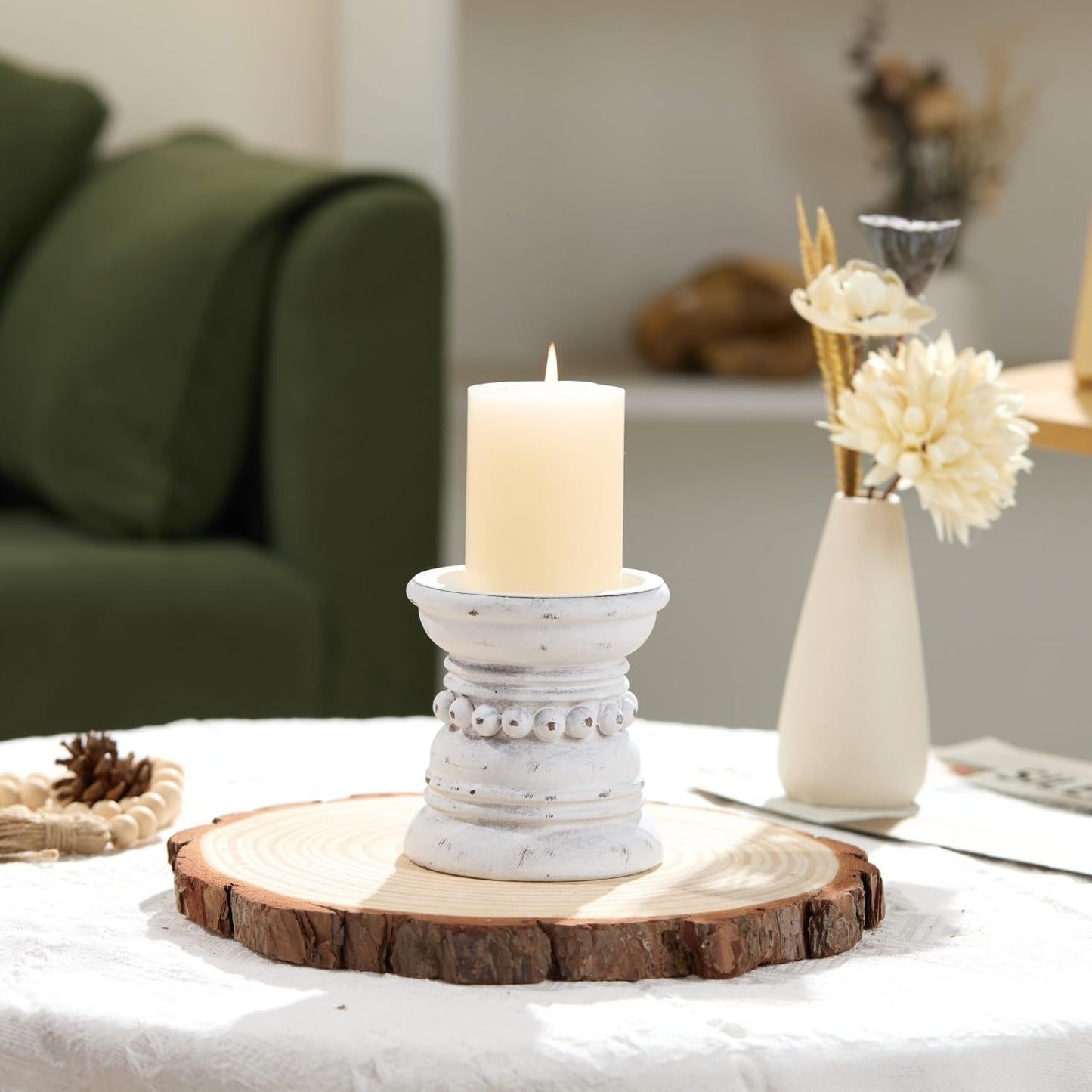 Wooden Candle Holder / Distressed White / 4 Inch
