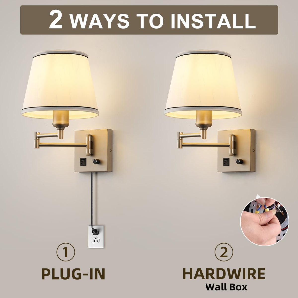 Swing Arm Wall Lamp, Satin Nickel, White Fabric Shade | Type-C and USB Charging Port, Dimmable Switch, Plug in Wall