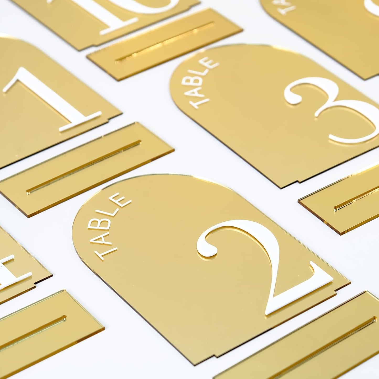 Gold Mirror Arch Wedding Table Numbers 1-15 with Stands | 15 Pack 5x7 Inch Gold Mirror Acrylic Arch Signs with Raised