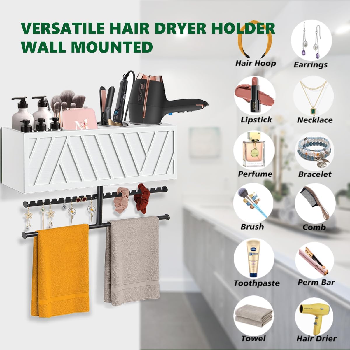 Rustic Hair Dryer Holder Wall Mounted,Hair Styling Tools & Accessories Organizer,Bathroom Supplies & hot Tools vanities