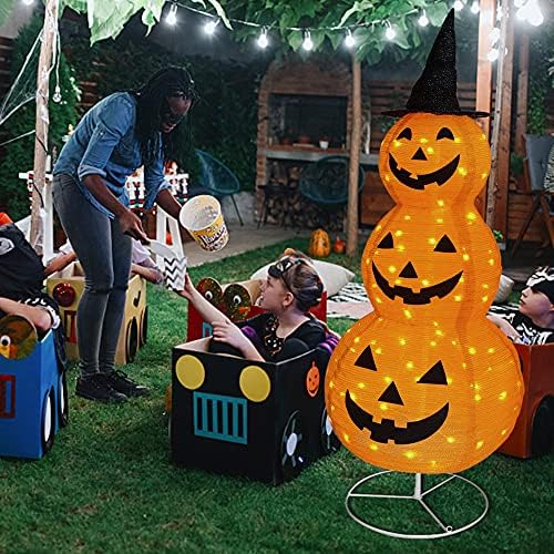 FUNPENY Halloween Collapsible Pumpkin Decorations, Pre-Lit Light Up Pumpkin with Hat, Pop Up Jack-o-Lantern with Metal Stand for Indoor Outdoor Yard Holiday Decor (5FT Pumpkin)