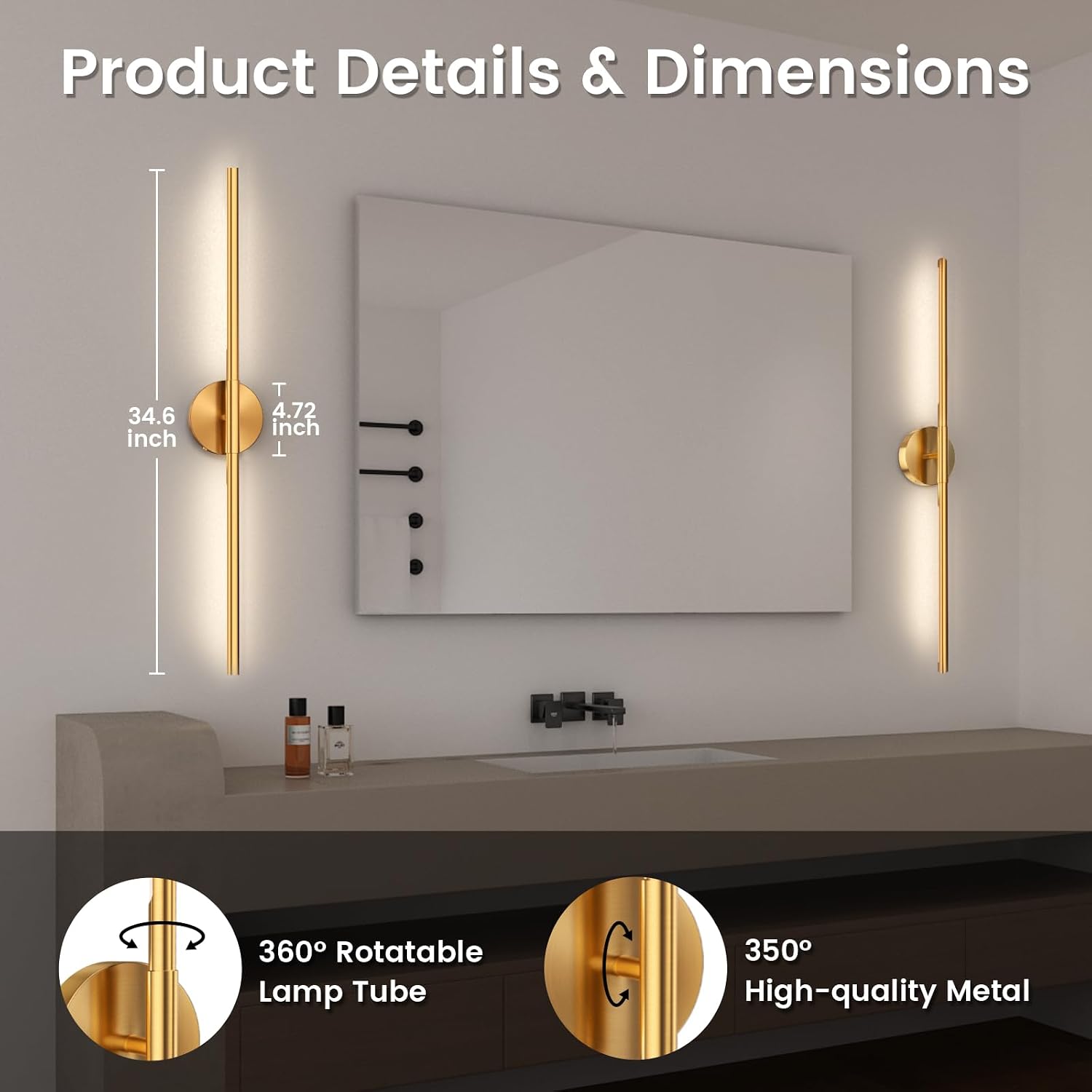 JOFIOS Battery Operated Wall Sconces Set of 2, 34.7In Gold Remote Control | 360°Rotation Wireless Rechargeable Wall
