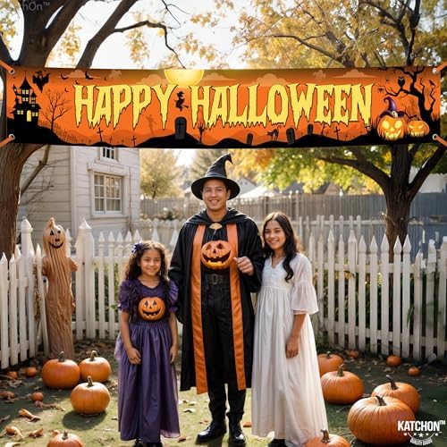 Katchon Happy Halloween Banners For Outside- Orange And Black Yard Sign