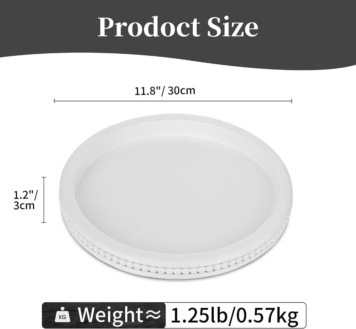 Beaded Round Serving Tray Modern Farmhouse Wooden Circle Centerpiece Tray / 11.8 / White