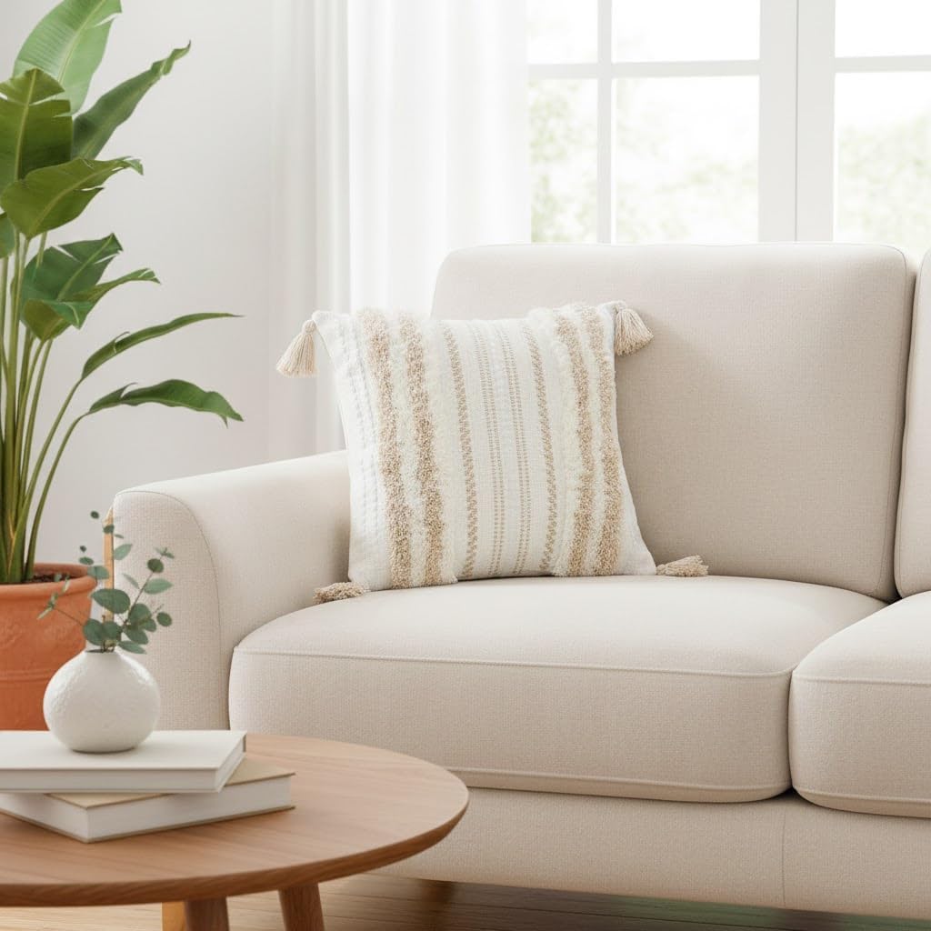 Summer Decorative Boho Throw Pillow Covers / 18 x 18 / Khaki and Cream White / Set of 2