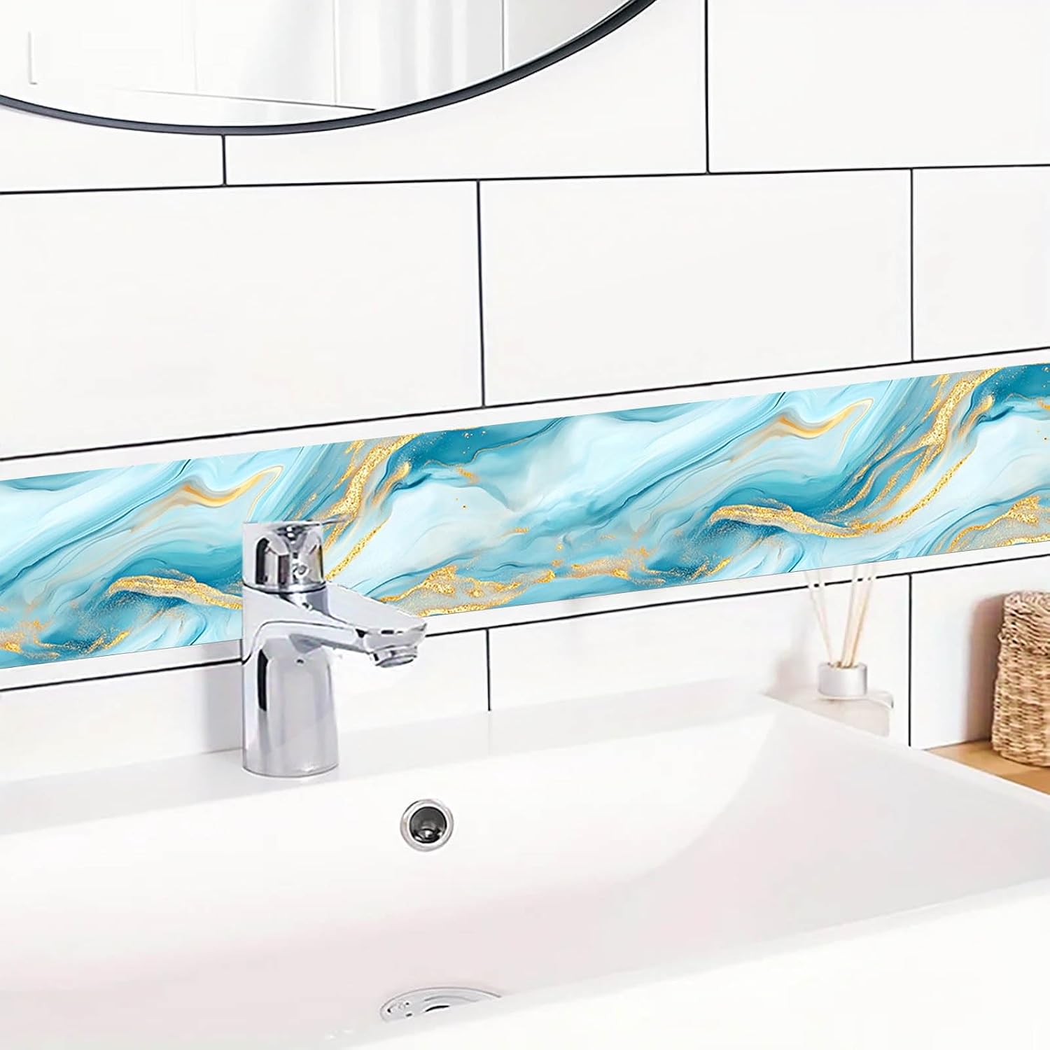 Wallpaper Border Peel and Stick Blue Gold Marble Pattern Mirror Frame / Ocean Gold Marble / 196 x 4
