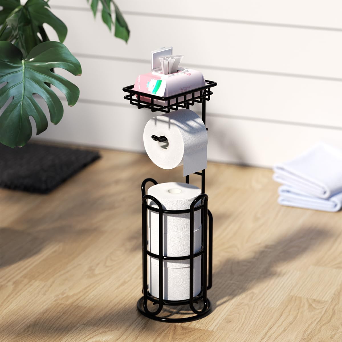 [Upgrade] Toilet Paper Holder Stand with Shelf Tissue Holders for Bathroom Free Standing Bath Tissue Roll Holder