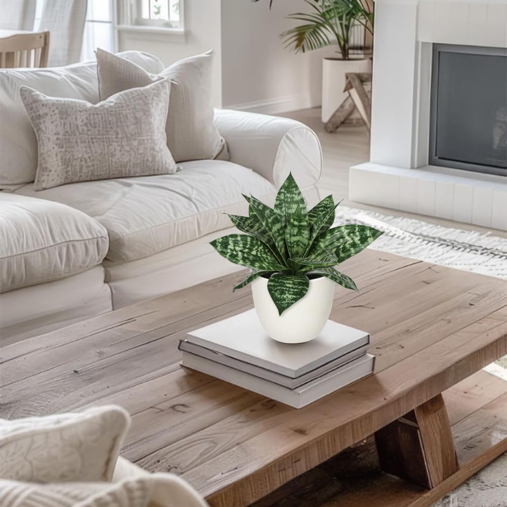 Artificial Snake Plants 9" Faux Agave Succulent Plant Potted in White Pot Fake / Green #4-white Pot