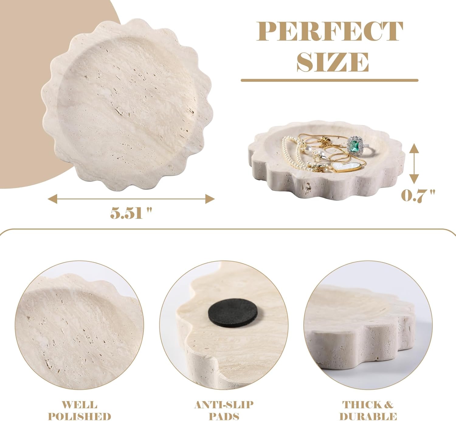 Round Scalloped Decorative Tray / Beige Travertine / D=5.51