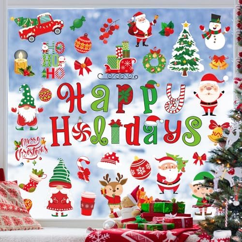 Whaline 9 Sheets Christmas Window Cling Stickers Xmas Santa Reindeer Cartoon Reusable Window Decals for Holiday Party Home Office Classroom Decoration