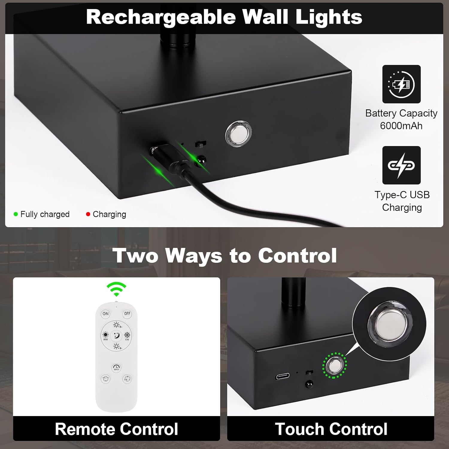 Battery Operated Wall Sconce Set of Two with Remote Control, 3000K-6000K Dimmable Black Wall Lights, Timable LED