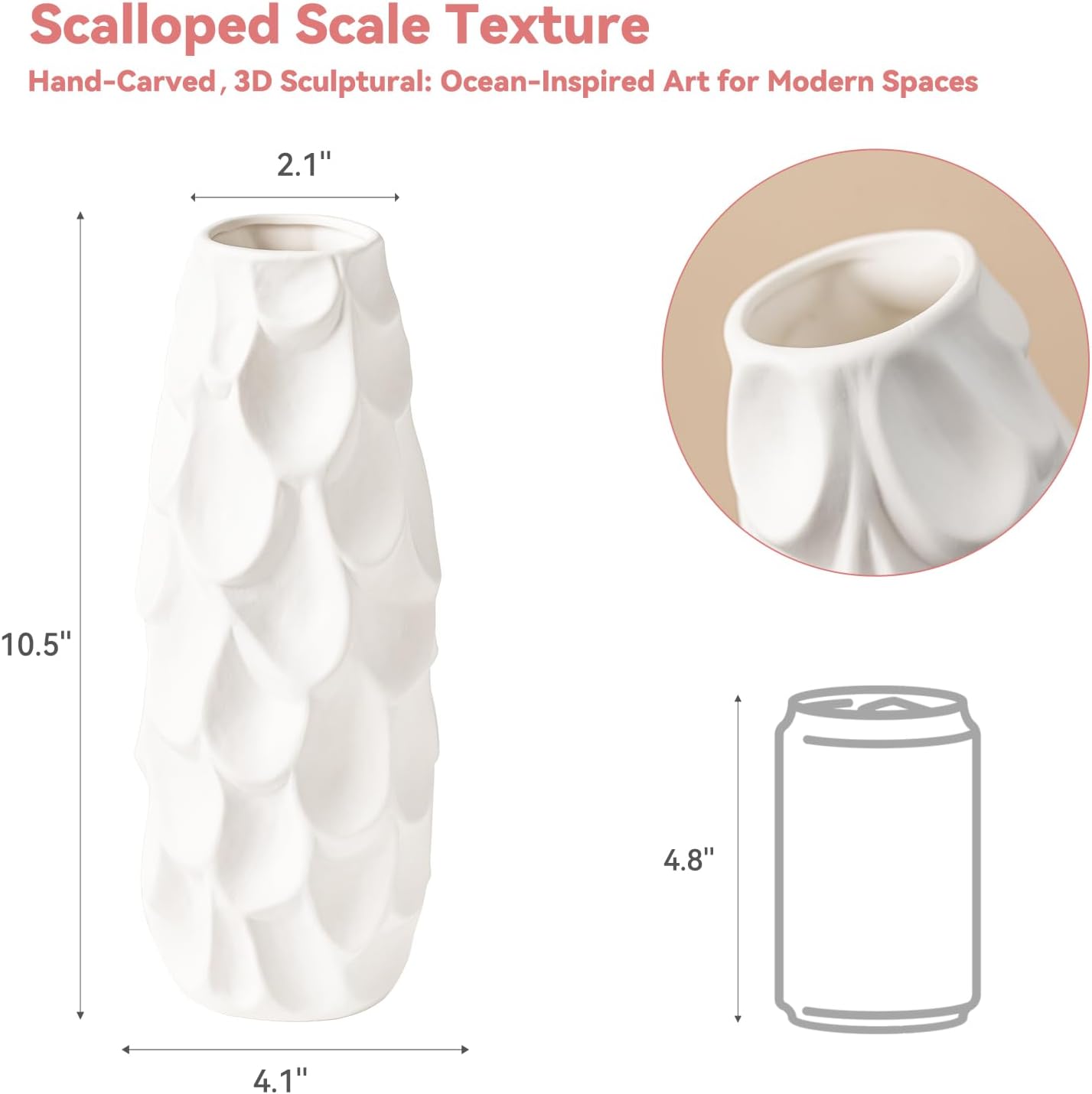 10.5" Unique Flower Vase / Scalloped Scale Vase / White