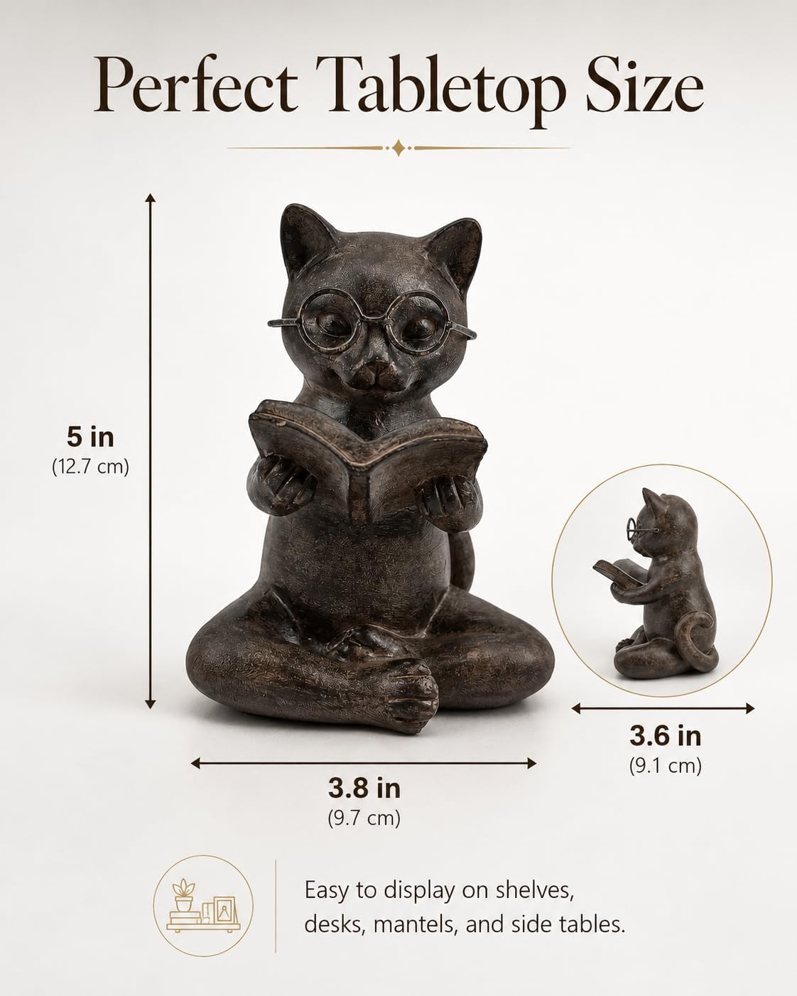 Cat Figurine Reading Book / Reading Cat / Bronze