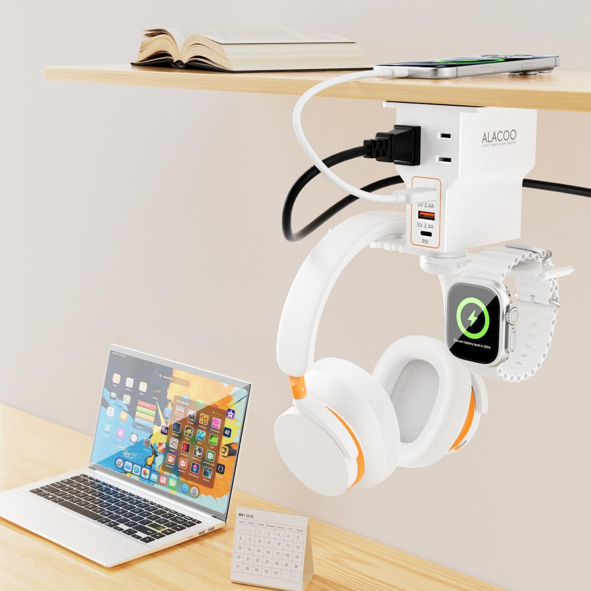 Multi-Function Desk Headphone Hanger Hook Gaming Office | 2 USB, 1 Type-C, 2 AC Outlets Desk Hook Holds Headsets &