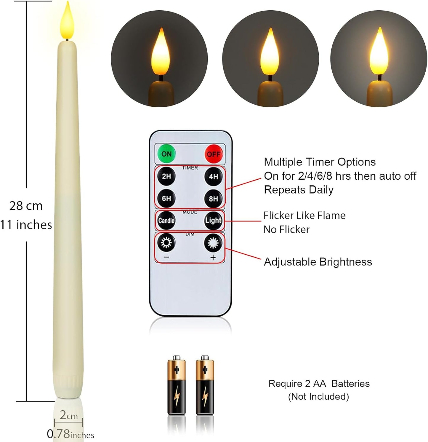 Homemory 12 Pcs Flameless Taper Candles with Remote Timer Dimmer, 11 inches Ivory Taper Candles Battery Operated