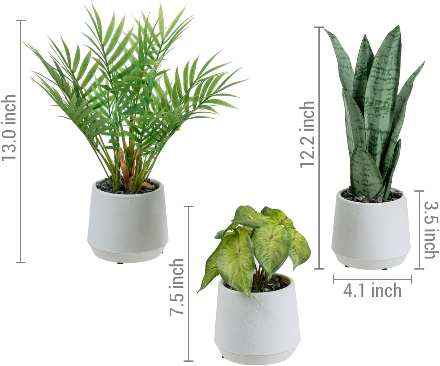 Modern Assorted Artificial Plants Potted in White Textured Planter Pots / Green