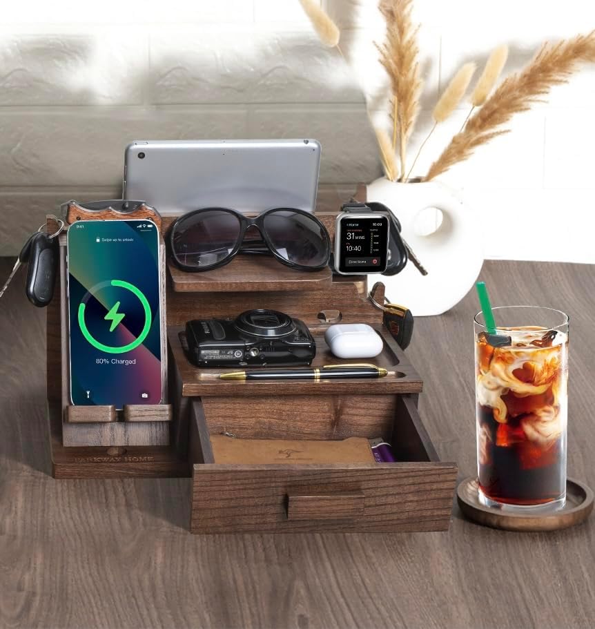 Wood Phone Docking Station with Drawer, Compatible with Apple Watch - Wood Charging Station Organizer Stand, Bedside
