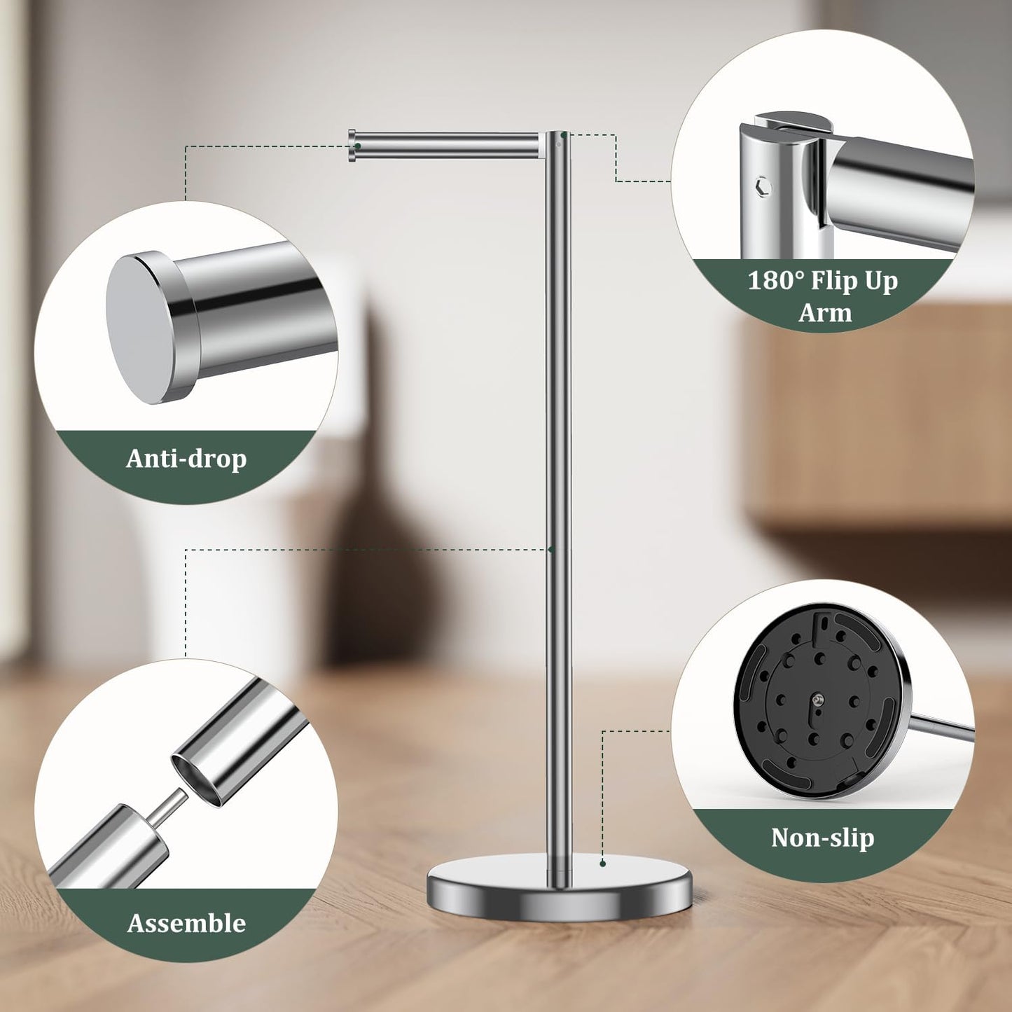 Chrome Toilet Paper Holder Stand Freestanding Tissue Roll Holder Bathroom | 304 Stainless Steel Rustproof Free Standing
