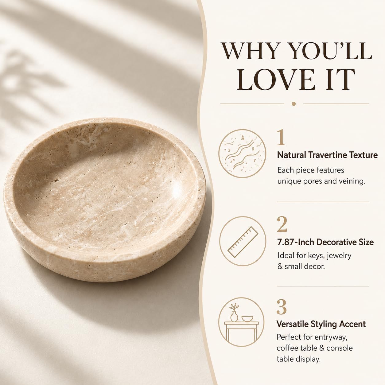 Large Travertine Decorative Bowl / Beige-7.87inch